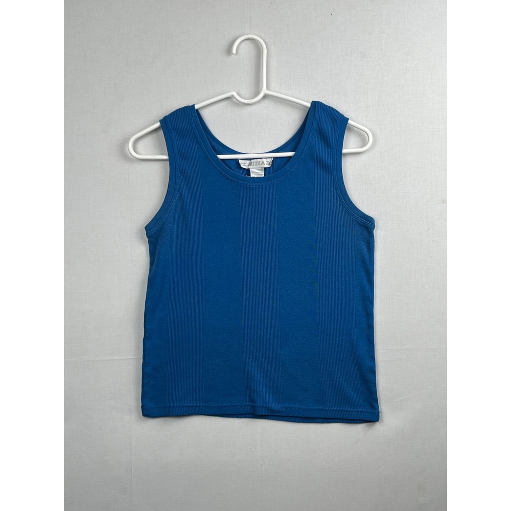 Claudia D Ribbed Tank Top Size Large Blue Sleeveless Scoop Neck 233235